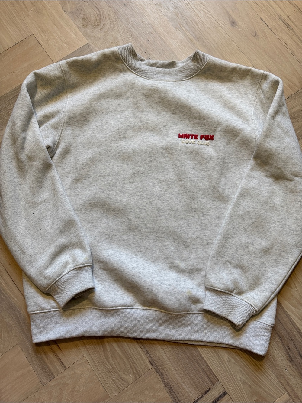White Fox Boutique Heather Grey Crewneck Sweatshirt with Red Logo